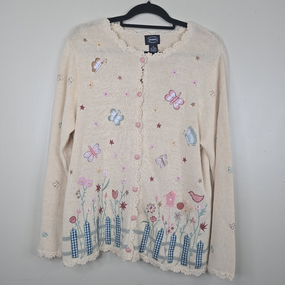 Designers studio vintage knitted butterflies & flowers cardigan size M